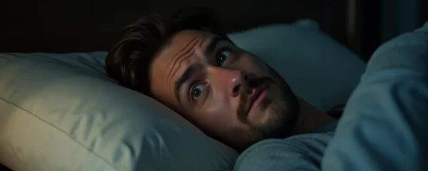 Un homme allongé sur son lit, fatigué et préoccupé, avec des traits visuels symbolisant le ronflement pendant la nuit