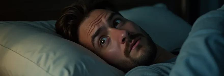 Un homme allongé sur son lit, fatigué et préoccupé, avec des traits visuels symbolisant le ronflement pendant la nuit